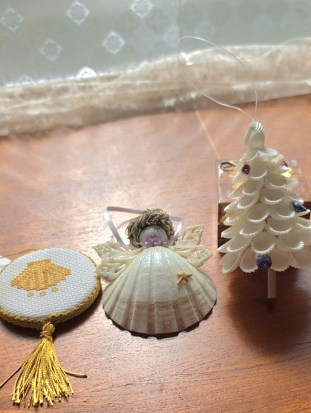 Vtg. Handcrafted Seashell Angel, Crosstitch And Shell Tree Ornament - Set Of 3